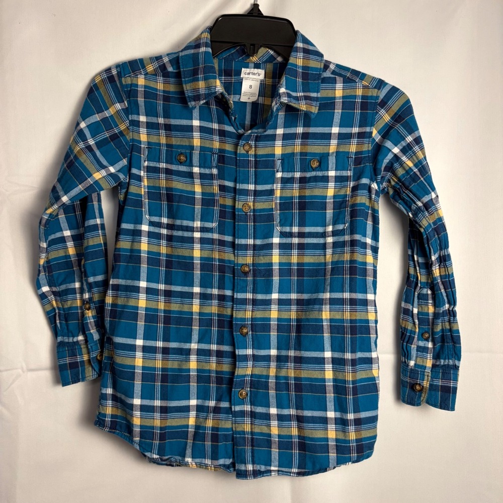 Carter's Boys Blue Yellow Plaid Flannel Button Down Shirt Size 8 3J248910